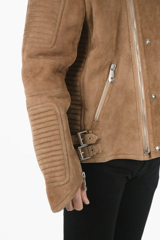 Leather Suede Biker Jacket With Faux Fur Lining