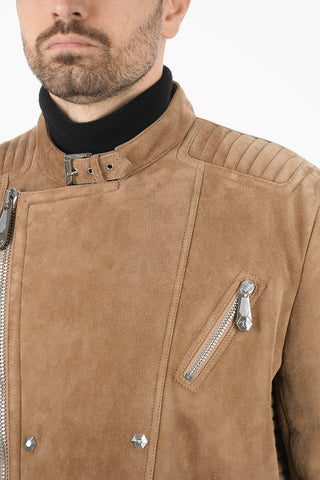 Leather Suede Biker Jacket With Faux Fur Lining