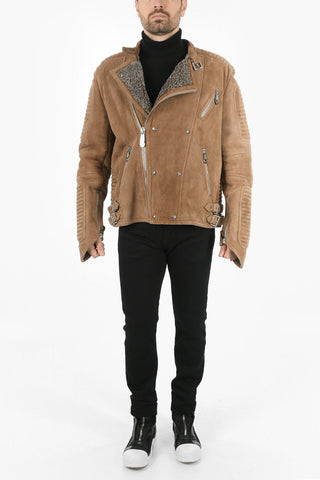 Leather Suede Biker Jacket With Faux Fur Lining