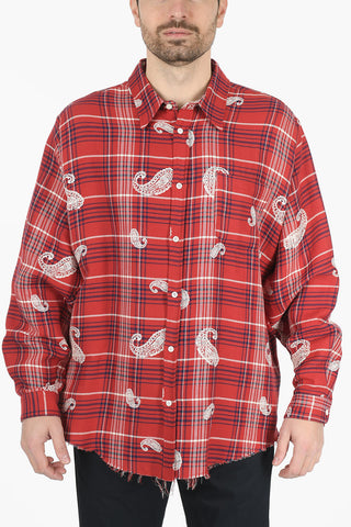 Checkered Linen-blend Shirt with Paisley Motif