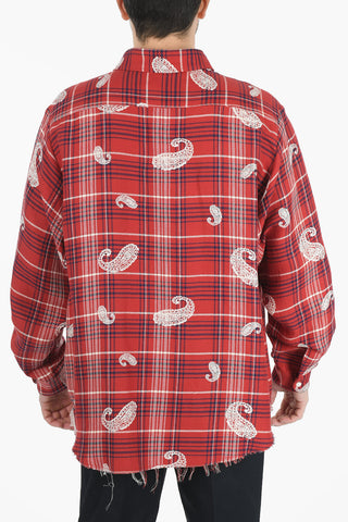 Checkered Linen-blend Shirt with Paisley Motif