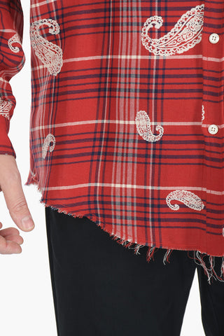 Checkered Linen-blend Shirt with Paisley Motif
