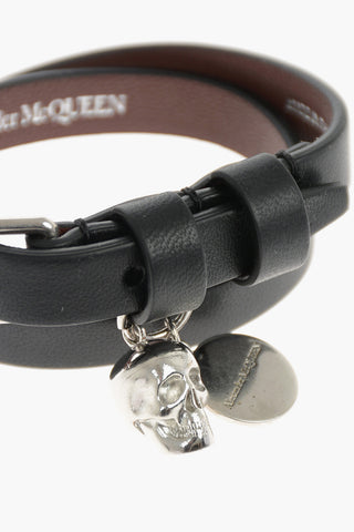 Double-Wrap Leather Bracelet with Skull Pendant