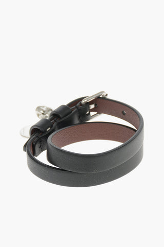 Double-Wrap Leather Bracelet with Skull Pendant