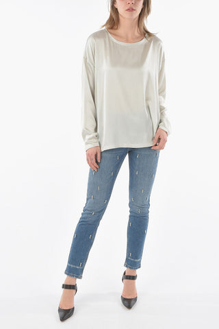 Blusa in Seta a Girocollo e Tinta Unita