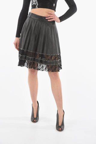 Pleated Soft-leather Skirt with Studs and Laced Detailing