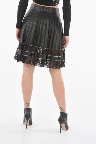 Pleated Soft-leather Skirt with Studs and Laced Detailing
