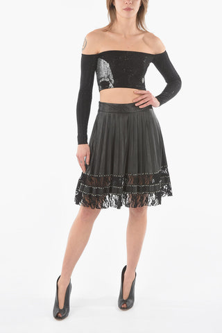 Pleated Soft-leather Skirt with Studs and Laced Detailing