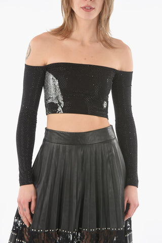 Crop Top SKULL a Maniche Lunghe con Strass All-Over