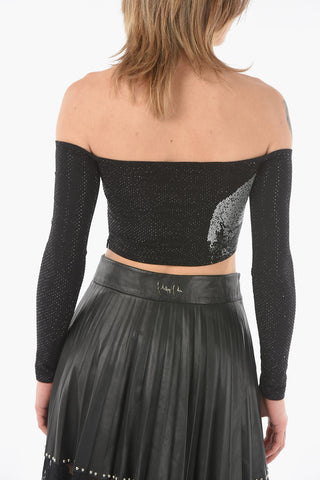 Long-sleeved SKULL Crop Top with All-Over Rhinestones