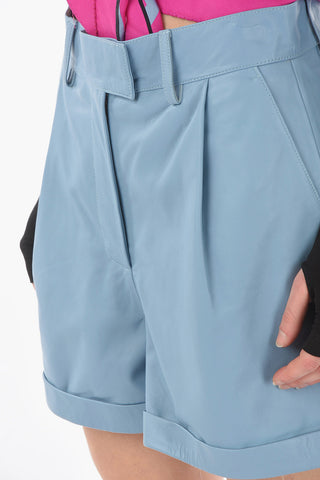 Cuffed Hem Leather Single Pleated Shorts