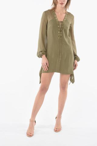 Silk V-Neck Dress with Braided Laces Detail