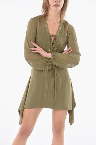 Silk V-Neck Dress with Braided Laces Detail
