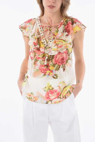 BLUGIRL Floral Patterned Top with Lace-up Detail