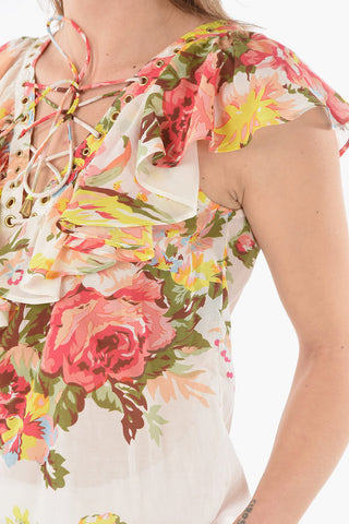 BLUGIRL Floral Patterned Top with Lace-up Detail
