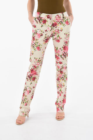 BLUGIRL Pantaloni in Cotone Stretch a Fantasia Floreale con Bottone Gioiello