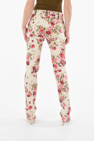 BLUGIRL Pantaloni in Cotone Stretch a Fantasia Floreale con Bottone Gioiello