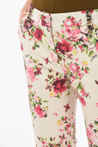 BLUGIRL Pantaloni in Cotone Stretch a Fantasia Floreale con Bottone Gioiello