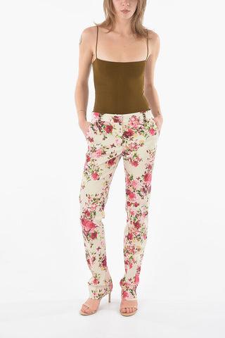 BLUGIRL Pantaloni in Cotone Stretch a Fantasia Floreale con Bottone Gioiello