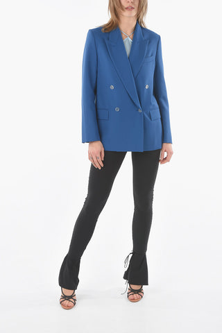 center vent peak lapel double-breasted blazer