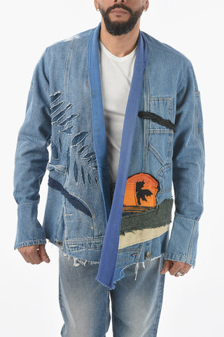 Patch Work Effect Denim Open Front Overshirt