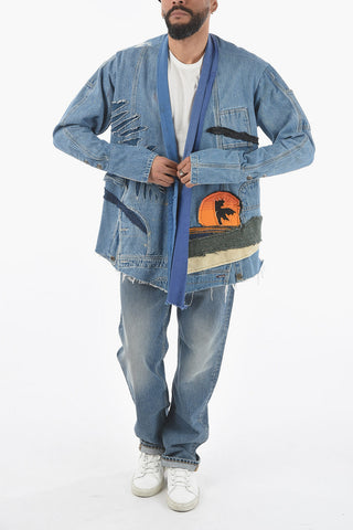 Patch Work Effect Denim Open Front Overshirt