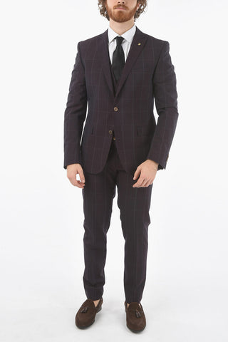 CC COLLECTION windowpane check side vents peak lapel RESET 3 piece waistcoat suit