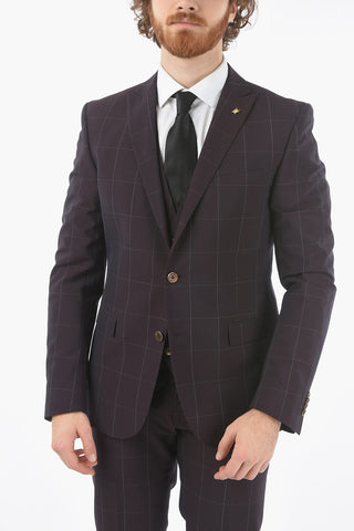CC COLLECTION windowpane check side vents peak lapel RESET 3 piece waistcoat suit