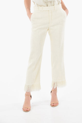 Pantaloni Crop Sartoriali in Seta Testurizzata con Frange alla Caviglia