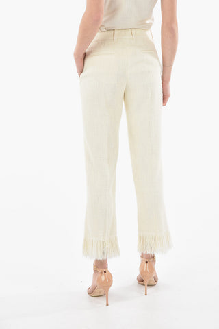 Pantaloni Crop Sartoriali in Seta Testurizzata con Frange alla Caviglia