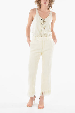 Pantaloni Crop Sartoriali in Seta Testurizzata con Frange alla Caviglia