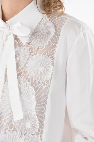 Tie Neck Shirt with Floral Embroideries