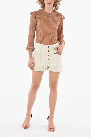 Denim NADIA High-waisted Shorts in Herringbone Motif with Visible Stitchings