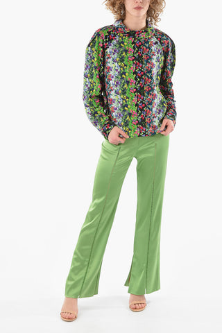 Blusa in Velour a Coste con Collo Abbottonato Asimmetrico
