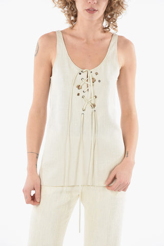 Silk-blend Natté Top Detailed with Eyelets and Leather Laces