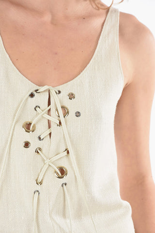 Silk-blend Natté Top Detailed with Eyelets and Leather Laces