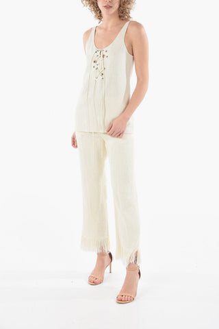 Silk-blend Natté Top Detailed with Eyelets and Leather Laces