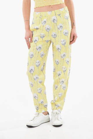 Pantaloni Jogger a Vita Alta in Stampa Tulipani con Zip Alla Caviglia