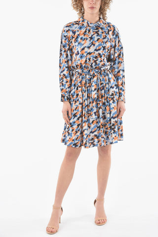 Pleated Flared Puff-sleeve Dress with Asymmetric Button-up Collar