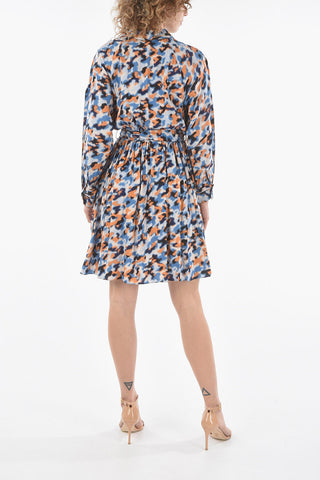 Pleated Flared Puff-sleeve Dress with Asymmetric Button-up Collar