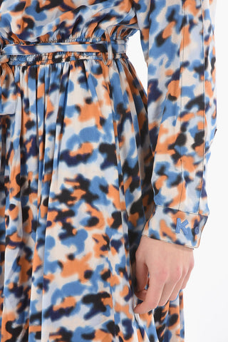 Pleated Flared Puff-sleeve Dress with Asymmetric Button-up Collar