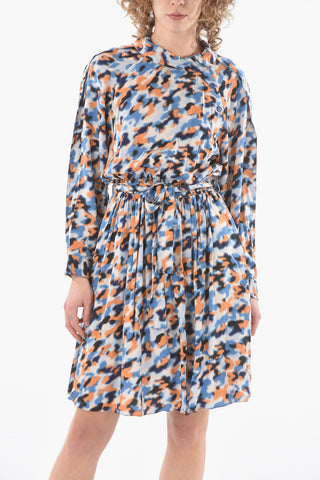 Pleated Flared Puff-sleeve Dress with Asymmetric Button-up Collar