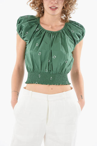 Puff-sleeved Cropped Top in BANDANA Print with Draped Detailing