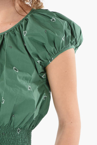 Puff-sleeved Cropped Top in BANDANA Print with Draped Detailing