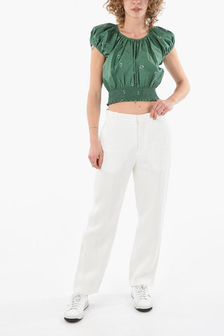 Puff-sleeved Cropped Top in BANDANA Print with Draped Detailing