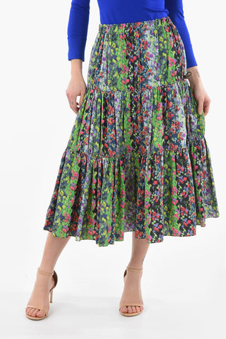 High-waisted Flared Maxi Skirt in Floral Print with Drawstrings