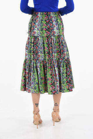 High-waisted Flared Maxi Skirt in Floral Print with Drawstrings
