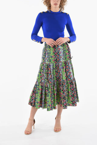 High-waisted Flared Maxi Skirt in Floral Print with Drawstrings