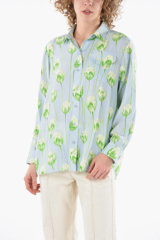 Silk-satin Tulip-printed Shirt with Breast Pocket