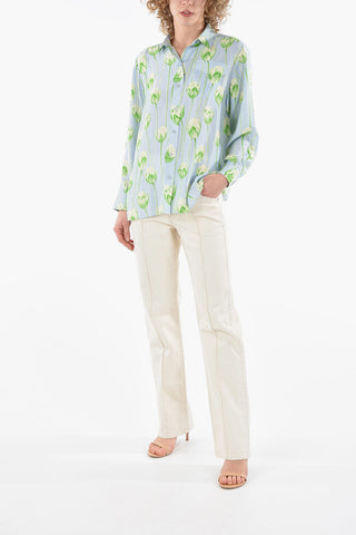 Silk-satin Tulip-printed Shirt with Breast Pocket